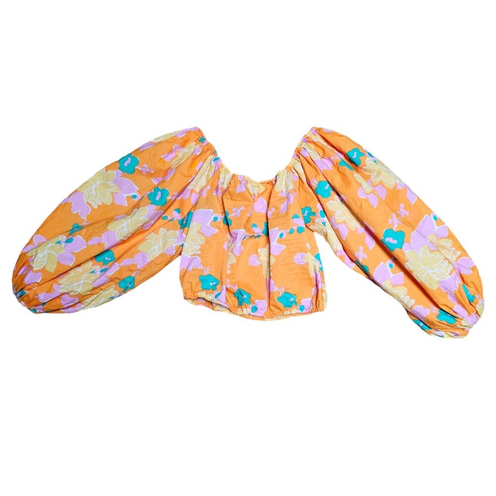 NASTY GAL MOD Crop Top Floral Balloon Puff Sleeves Orange Off The Should…